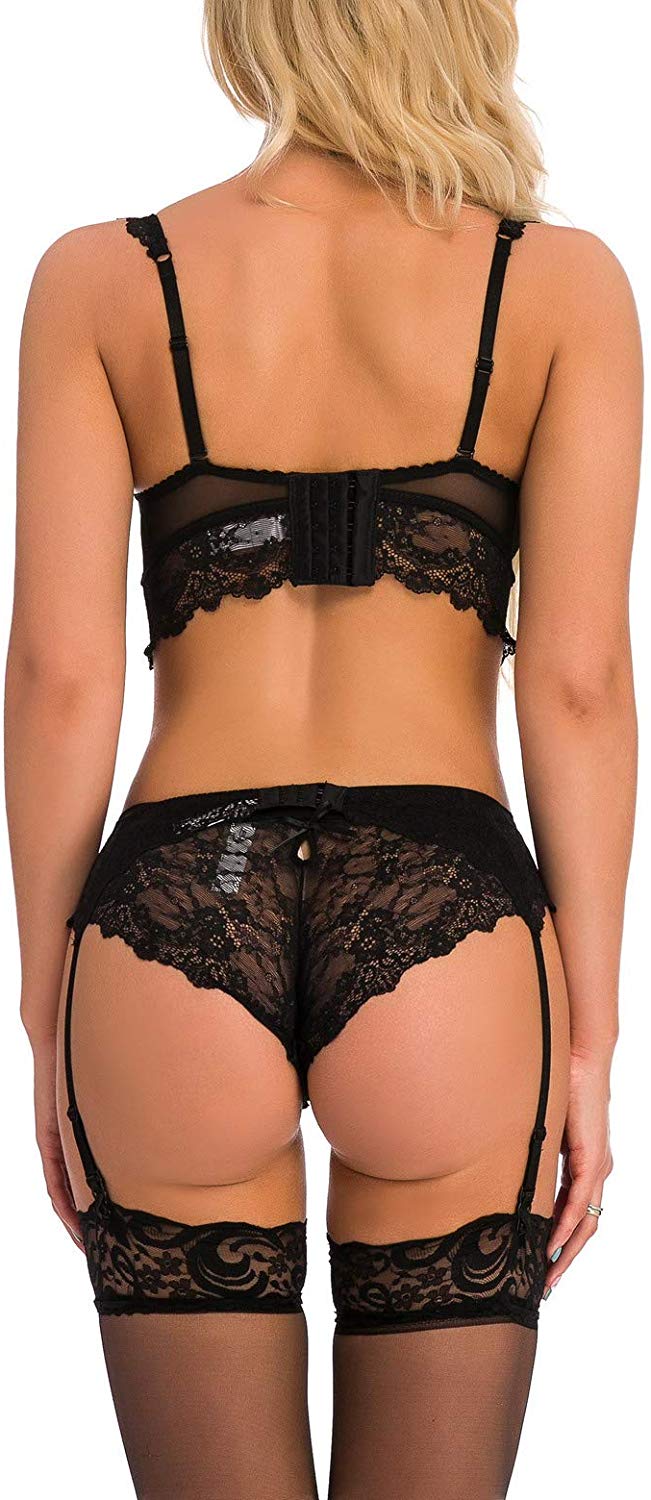 Sexy Embroidered Lace Push Up Bra and Panties Lingerie Set with Garter Belt