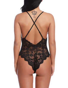 BESDEL Women's Deep V One Piece Babydoll Sexy Lace Teddy Bodysuit Chemises Sleepwear